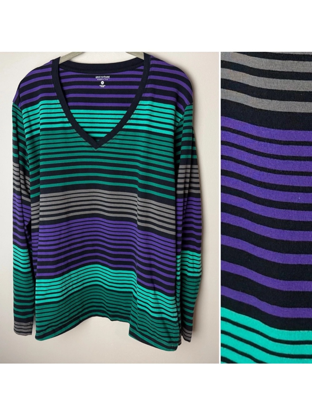 Great Northwest Top Plus Size 1X Striped V Neck Long Sleeves Purple Teal Black